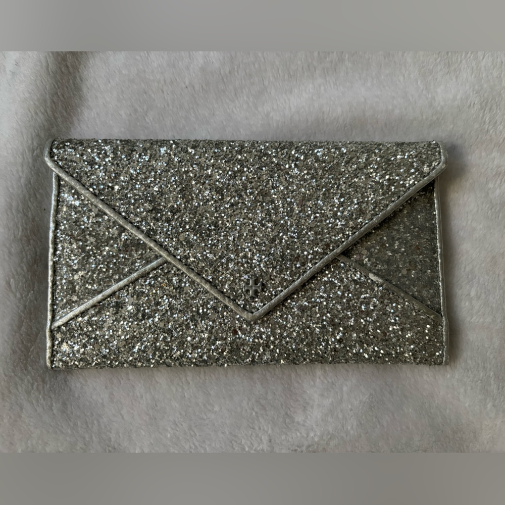 Tory Burch glitter envelope Continental wallet clutch silver